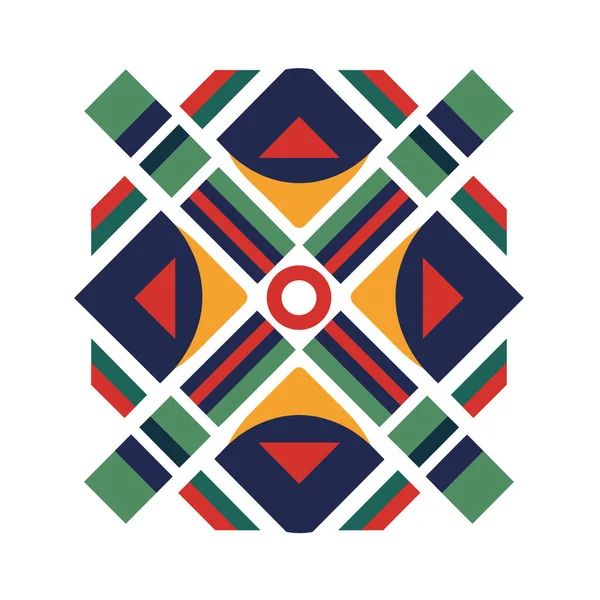 Bir illüstrasyon, üçgenler, kareler ve beyaz zemin üzerinde kırmızı, yeşil, sarı ve deniz renkleriyle bir çember içeren geometrik bir tasarım sunar..