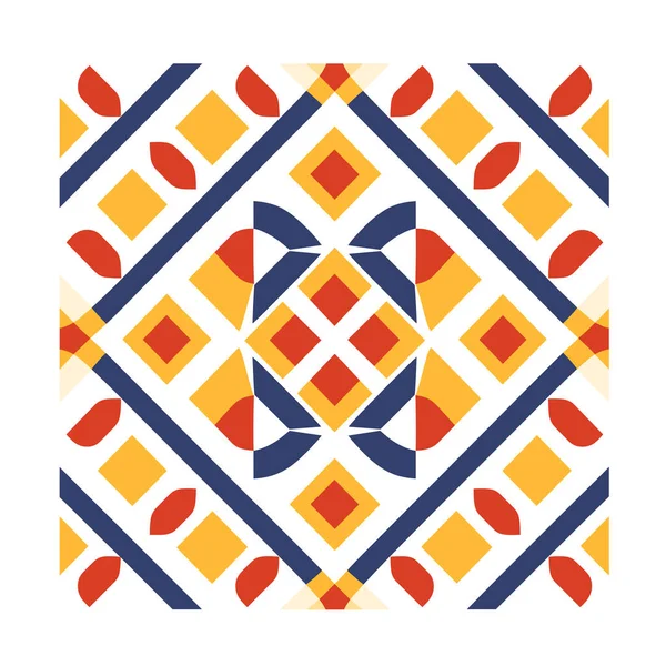 Deniz, kırmızı ve sarı renklerde çapraz çizgiler, elmaslar ve taç yaprakları içeren kare geometrik bir tasarım..