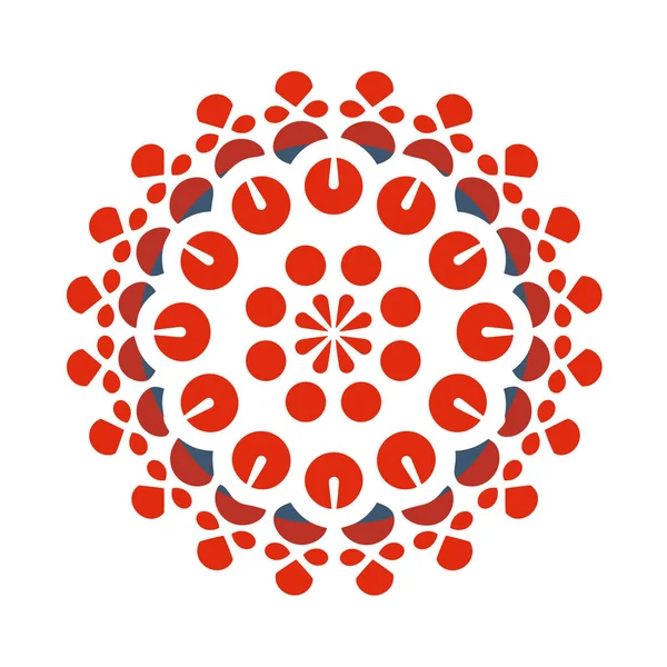 Beyaz zemin üzerinde kırmızı daireler, eğri çizgiler ve gri bölümler olan soyut bir yuvarlak tasarım, simetrik bir desen oluşturur..