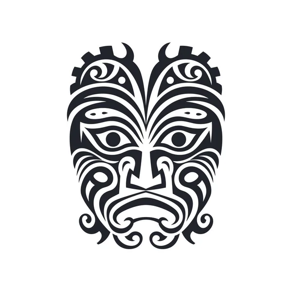 Maori maske tasarımı gösterilir. Maskenin girdap tasarımları var. Sade beyaz bir arka plana karşı siyahtır..