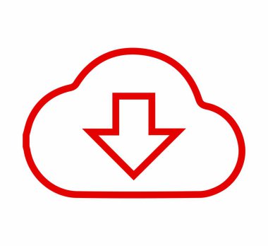 Bulut indirme simgesi. İnternetten veri indirme sembolü. Kırmızı hat, şeffaf arkaplanda izole edildi. Veri aktarımı kavramı.