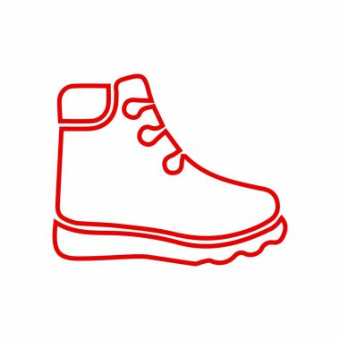 Çizme çizimi çizimleri çiziyorum. Kırmızı ayakkabı ikonu, yürüyüş ve macera için ayakkabı. Açık hava yürüyüşü ve patika ekipmanları.