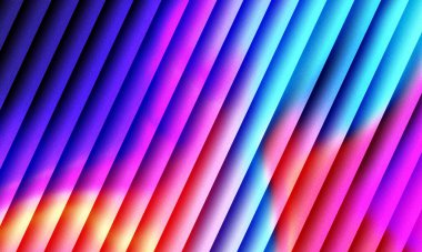 Neon mavisi, mor, pembe ve kırmızı renkli köşegen çizgileri olan parlak, soyut bir arkaplan.