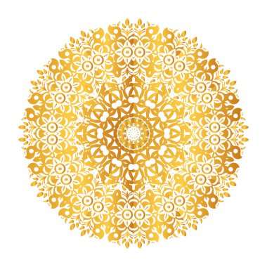 Tasarım için ayrıntılı simetrik çiçek ve geometrik motiflere sahip karmaşık altın mandala.