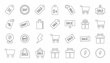 Çeşitli alışveriş, satış ve indirimle ilgili unsurları temsil eden bir dizi taslak simgesi. Fiyat etiketleri, alışveriş arabaları, çantalar, hediye kutuları, kuponlar ve tanıtım rozetleri içerir.