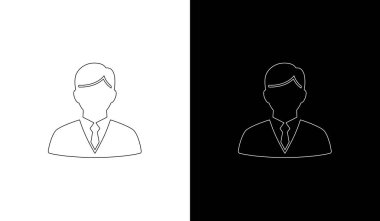 Takım elbiseli iş adamlarının minimalist beyaz çizgi simgeleri karar verme mekanizmasını veya tasarım projeleri için karşıt görüşleri sembolize ediyor.