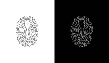 Kimlik doğrulama, siber güvenlik ve dijital gizlilik projeleri için yüksek kontrastlı parmak izi güvenlik sembolü ideal.
