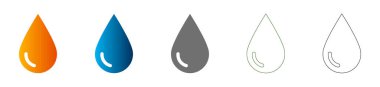 Turuncu, mavi, gri ve dış hat sürümleri de dahil olmak üzere farklı renk ve stillerde su bırakma simgeleri, hepsi düz bir simge kümesinin parçası.
