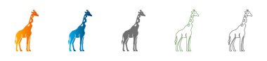 Değişik renklerde bir zürafa simgesinin düz, vektör çizimi, koyu siyah çizgileri olan ve beyaz bir arkaplanda izole edilmiş tutarlı bir simgenin parçası..