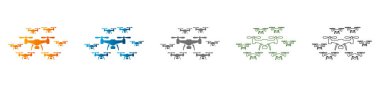 Modern lojistik ve teknolojiyi temsil eden çeşitli renk şemalarında çoklu dağıtım dronları içeren düz simge dizaynlarının bir koleksiyonu. Vektör sanatı.