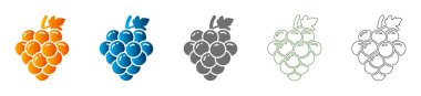 Beyaz bir zemin üzerinde izole edilmiş, tutarlı bir simge kümesinin parçası olan bir üzüm kümesinin düz, katı bir siyah vektör çizimi.