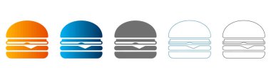Hamburger için basit düz simge koleksiyonu koyu siyah ve renkli varyasyonlarla, vektör ilülasyonu beyaz arkaplanda izole.
