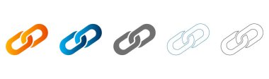 Düz dizaynlı bağlantı zinciri simgeleri koleksiyonu. Saf siyah, renkli ve ana hatlardaki varyasyonlar, vektör grafikleri beyaz üzerine izole edilmiş.