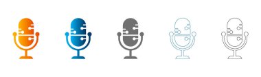 Farklı renk ve stillerde düz mikrofon simgeleri koleksiyonu, katı siyah çizgiler, vektör, beyaz arkaplanda izole edilmiş..