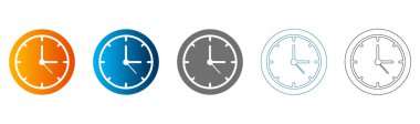 Farklı renk ve stillerde basit düz saat simgeleri, katı siyah dış hat, vektör, beyaz arkaplan üzerinde izole.