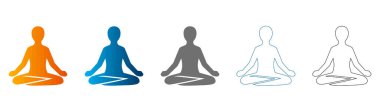 Yoga pozisyonunda meditasyon yapan insanları gösteren bir dizi düz simge, katı siyah çizgiler, vektör grafikleri, beyaz arka planda izole edilmiş..
