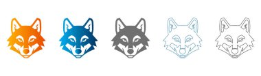 Farklı renk ve stillerde beş kurt başı simgesi koleksiyonu, düz simge, katı siyah, vektör, beyaz arkaplan üzerinde izole edilmiş.