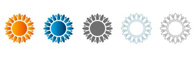 Beş düz mandala güneş ikonundan oluşan canlı bir set katı renkte dizayn edilmiş, beyaz renkte izole edilmiş vektör çizimi, ticari kullanım için mükemmel..