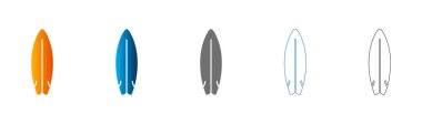 Farklı renk ve stillerde beş sörf tahtası simgesi koleksiyonu, düz simge, katı siyah dış hat, vektör, beyaz arkaplan üzerinde izole.