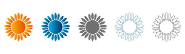 Çeşitli stillerde basit düz güneş simgelerinin toplanması. Katı siyah, mavi gradyan ve özet tasarımlar içerir, hava durumu uygulamaları veya grafik tasarımı için mükemmeldir.