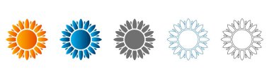 Beyaz arkaplanda izole edilmiş, gradyan ve ana hatlar da dahil olmak üzere çeşitli şekillerde güneş sembolleri içeren basit düz simgelerin toplanması.