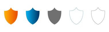 Kalkan simgelerinin katı, gradyan ve dış hat gibi çeşitli biçimlerde toplanması, düz bir tasarım vektöründe güvenlik ve korumayı temsil eder.