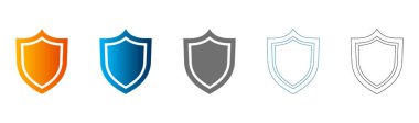 Saf siyah, mavi gradyan, turuncu gradyan ve ana hatları çizilmiş basit düz simgelerin toplanması. Beyaz üzerine izole edilmiş vektör kalkanı sembolleri, güvenliği temsil ediyor.