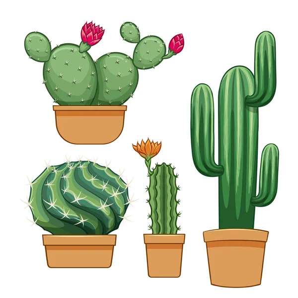 Cactus Flowerpot Hand Drawn Set Collection Vector Illustration — Stock Vector