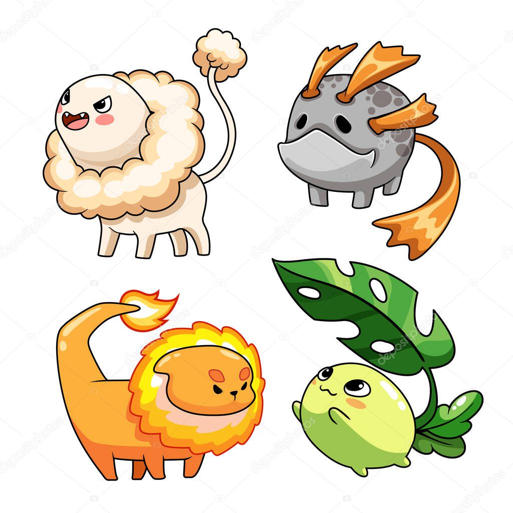 Collection of cute cartoon monster character vector illustrations. Design for print, party decoration, t-shirt, illustration, logo, emblem or sticker.