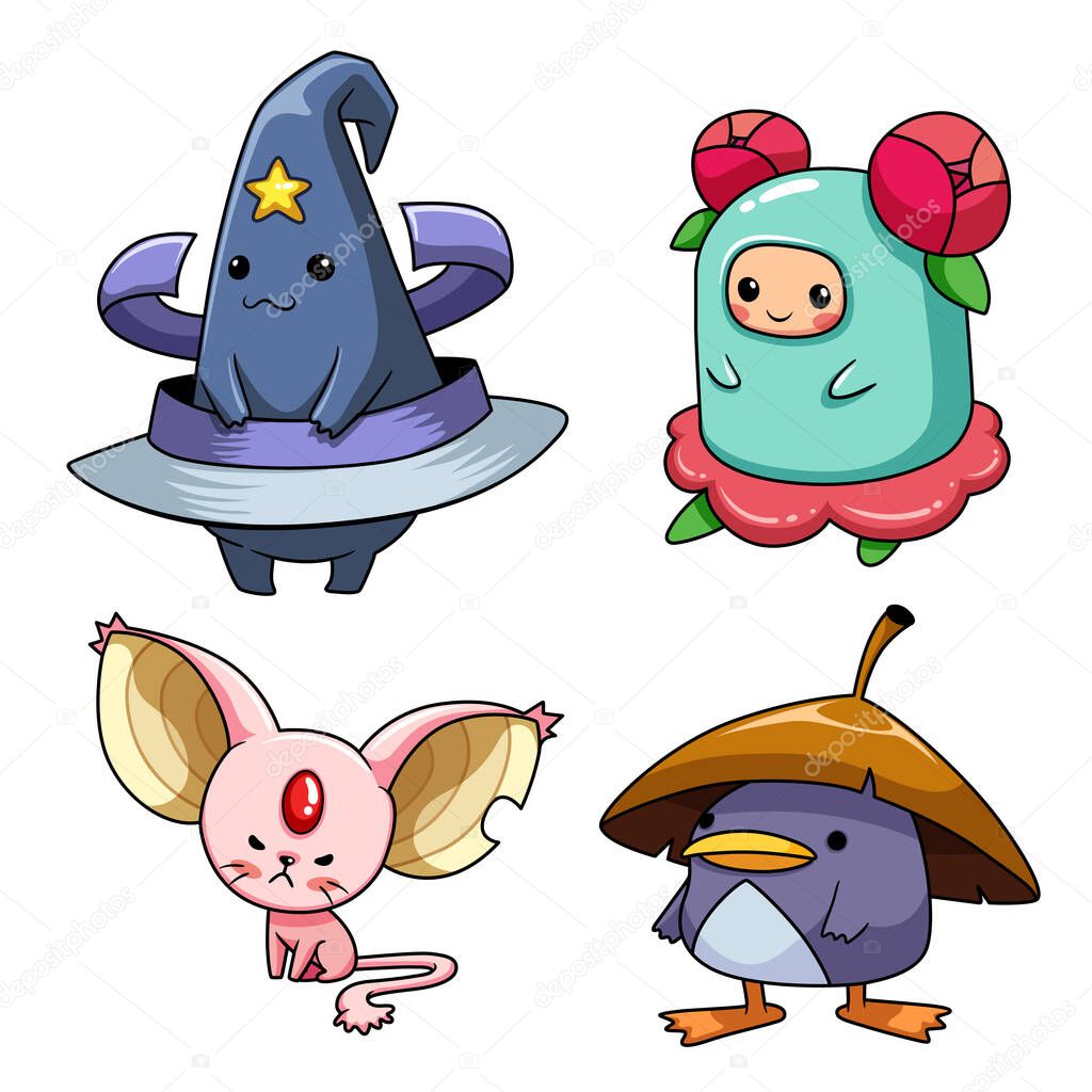 Collection of cute cartoon monster character vector illustrations. Design for print, party decoration, t-shirt, illustration, logo, emblem or sticker.