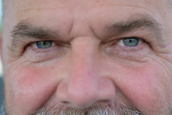 Smiling Blue Eyes Happy Senior Man Moustache Close Detail Cropped — Stock Photo, Image