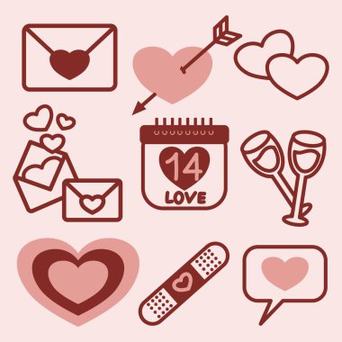 Valentine Love Elements Vector Set, kalp, mektuplar, şarap, takvim