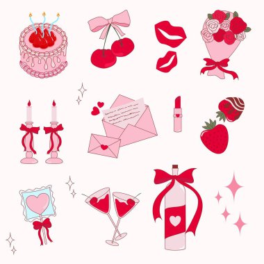 Sevgililer Günü romantik öğeler koleksiyonu. Kırmızı ve pembe. Kalp pastası, kiraz, fiyonk, dudak, gül, şeker, şampanya, şamdan vs. Posterler, kartlar, davetiyeler için tasarım.