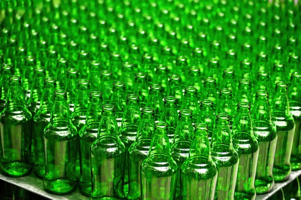 Rows of new empty green glass bottles. on the production line. Industrial beer production