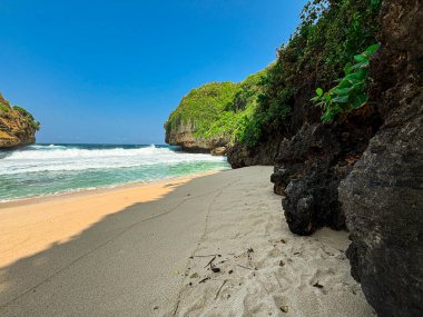 Ön planda dokulu kumun, sakin okyanus suyunun ve berrak mavi gökyüzünün altında yemyeşil kayalıkların bulunduğu sakin bir tropikal sahil koyunun düşük açılı perspektifi. Huzurlu deniz manzarası seyahat, turizm ve rahatlama temaları için idealdir..