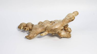 Beyaz arka planda izole edilmiş taze organik zencefil kökü doğal dokusunu ve şeklini gösteriyor. Mutfak tarifleri, sağlık ve sağlık içeriği, bitkisel ilaçlar, gıda ürünü reklamcılığı ve e-ticaret kullanımları için uygundur..