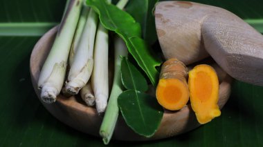 Muz yaprağı arka planında yeşil yapraklarla sıralanmış taze galangal ve zerdeçal köklerinin yakın görüntüsü. Endonezya geleneksel tıbbında, yemek pişirme baharatlarında ve sağlıklı organik sağlık kavramlarında yaygın olarak kullanılan doğal tropikal bitkiler..
