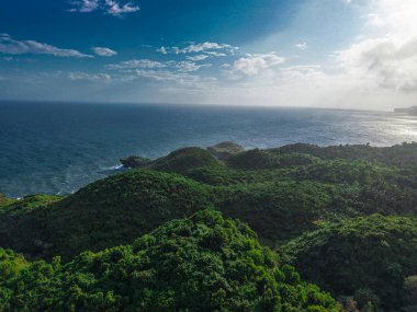 Güneş ışığının güzel manzarası yoğun yeşil ormanlarla kaplı yuvarlanan tropikal tepeler ufka uzanan sakin mavi bir okyanus. Doğal kıyı manzarası seyahat, turizm, doğa geçmişi ve barışçıl doğa temaları için idealdir..