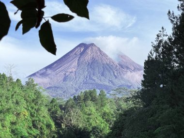 Parlak bir gökyüzünün altında yeşil bir ormanın üzerinde yükselen bir volkan dağı. Seyahat ve turizm içeriği, editoryal kullanım, coğrafya ve çevre temaları ve doğa manzaraları için uygundur.