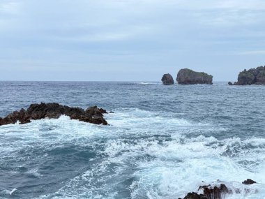 Okyanus dalgalarının bulutlu bir gökyüzünün altındaki kayalara çarptığı manzaralı kayalık kıyı şeridi. Seyahat, doğa ve çevre temaları için uygun doğal deniz manzarası.
