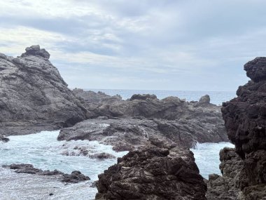 Okyanus dalgalarının bulutlu bir gökyüzünün altındaki kayalara çarptığı Rocky kıyı manzarası. Seyahat, doğa ve çevre temaları için uygun doğal deniz manzarası.