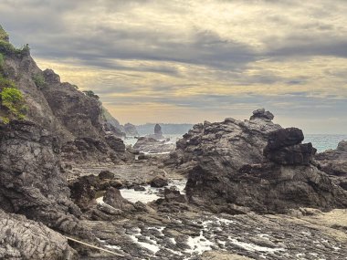 Okyanus dalgalarının dramatik bulutlu bir gökyüzü altında kıyıya vurduğu manzaralı kayalık kıyı manzarası. Seyahat, doğa ve çevresel temalar için uygun doğal doğa manzarası.