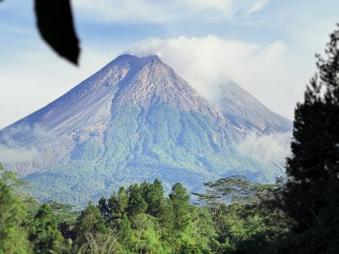 Volkanik bir dağın manzaralı fotoğrafı kısmen bulutlarla kaplı ve ön planda yemyeşil orman var. Seyahat, doğa ve çevre temaları için uygun doğal gün ışığı manzarası.