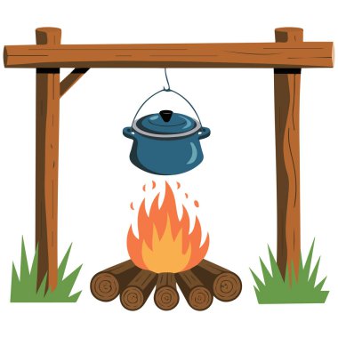 Beyaz arka grupta izole edilmiş ateş izole edilmiş vektör illüstrasyonunun üzerinde kaynayan tencereyle açık hava yemek macerası.