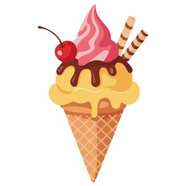 Çilek aromalı dondurma külahı çikolatalı çiselemeli beyaz arka planda izole edilmiş vektör çizimi