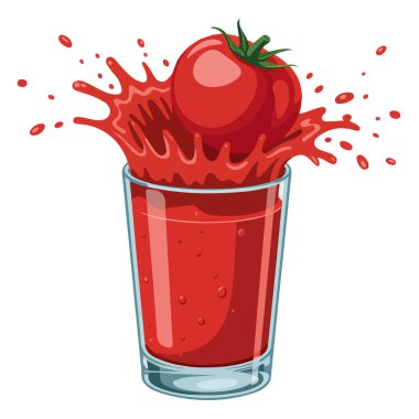 Canlı kırmızı domates suyu sıçratma efekti beyaz arkaplanda izole edilmiş vektör çizimi