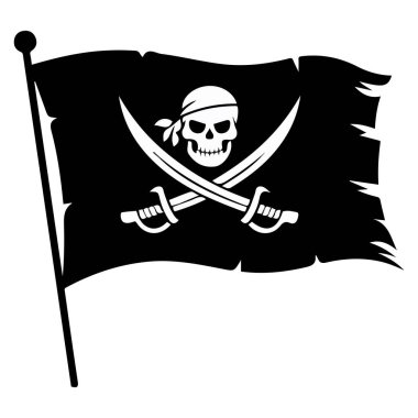 Kafatası ve çapraz kemikli klasik korsan bayrağı beyaz arka planda izole edilmiş vektör çizimi