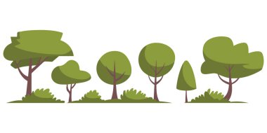 Yeşillik yapraklı yeşil orman ağaçları beyaz arka planda izole edilmiş vektör çizimi