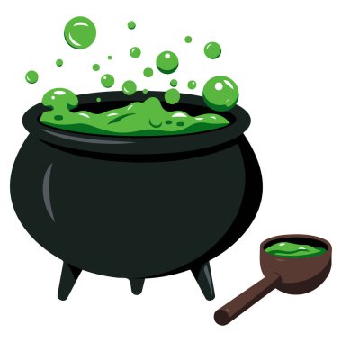 Cadılar sihirli iksir ile kabarcık kazan beyaz arkaplan izole vektör illüstrasyon