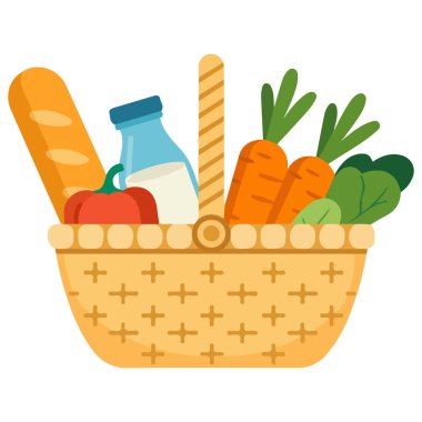 Beyaz arkaplandaki izole vektör illüstrasyonu için malzeme içeren market sepeti